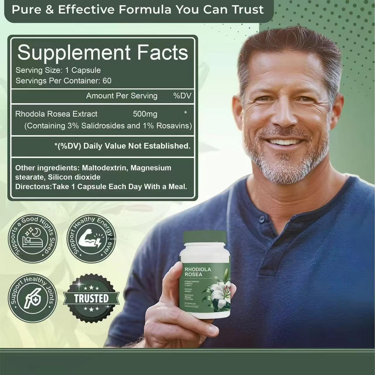 Rhodiola Rosea Capsules Adaptogenic Herbal Supplement