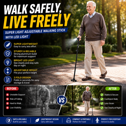 Foldable Walking Stick with LED Light