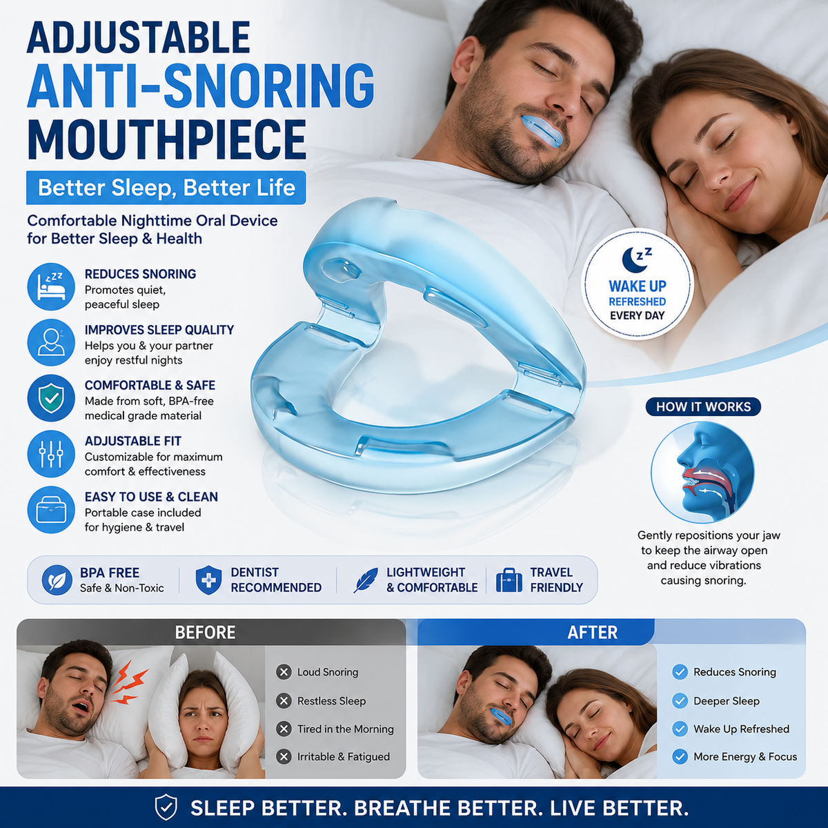 Adjustable Anti-Snoring Mouthpiece Nighttime for Better Sleep