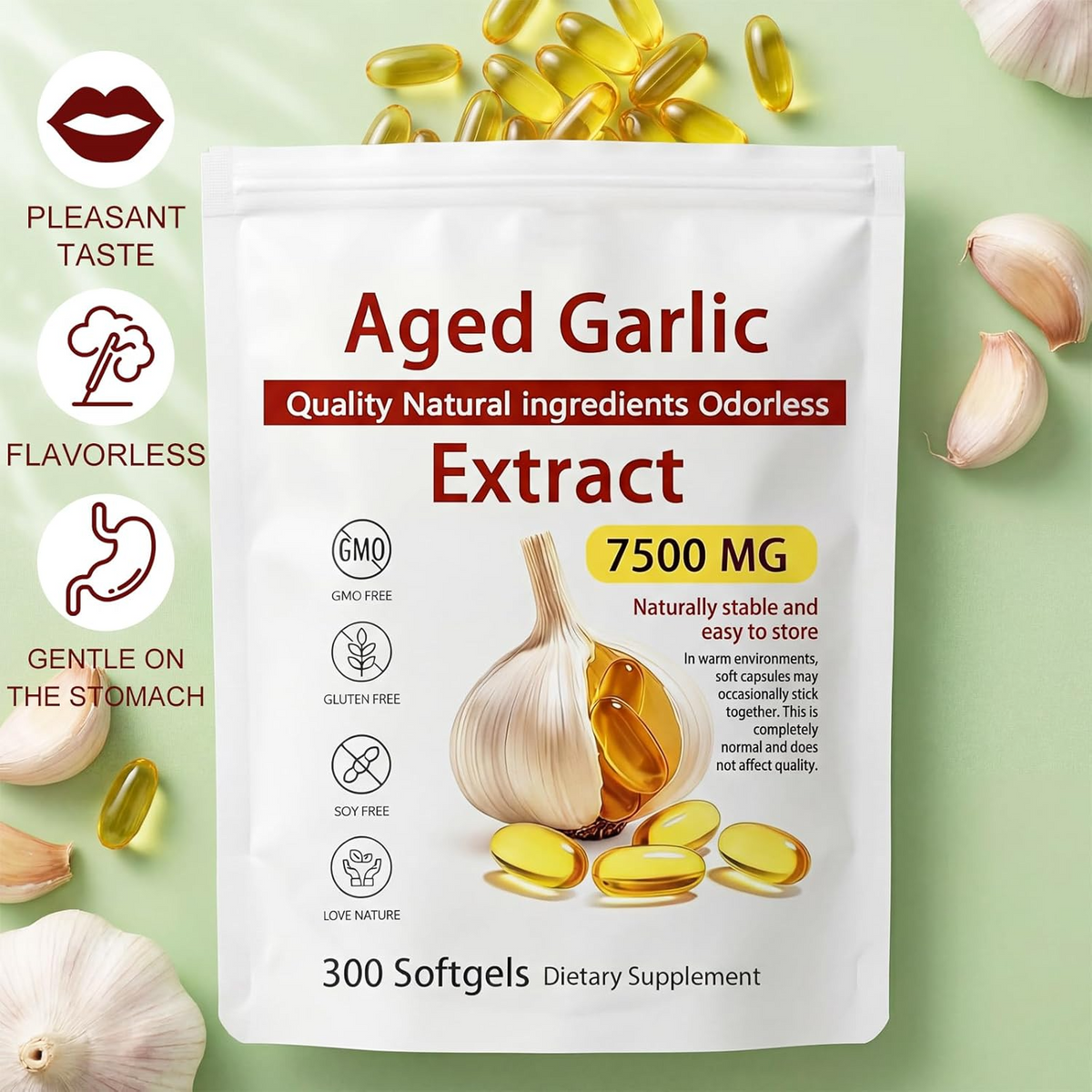 Aged Garlic Extract Softgels – 7500mg Odorless Formula with 300 Softgel Supply
