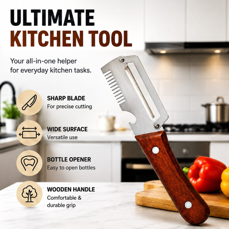 Kitchen Peeler – Wooden Handle Vegetable & Fruit Peeler with Bottle Opener & Scallion Cutter