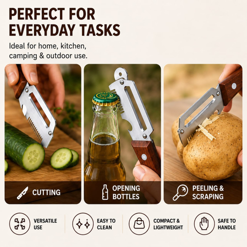 Kitchen Peeler – Wooden Handle Vegetable & Fruit Peeler with Bottle Opener & Scallion Cutter
