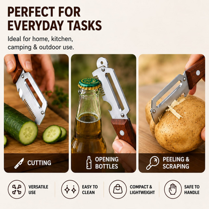 Kitchen Peeler – Wooden Handle Vegetable & Fruit Peeler with Bottle Opener & Scallion Cutter