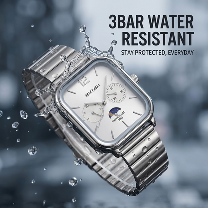 Men’s Moon Phase Quartz Watch – 6-Hand Fashion Wristwatch with 3BAR Water Resistance