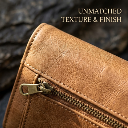 Light Brown Long Leather Wallet – Flap Closure with Zipper, Metal Clasp & Detachable Wrist Strap