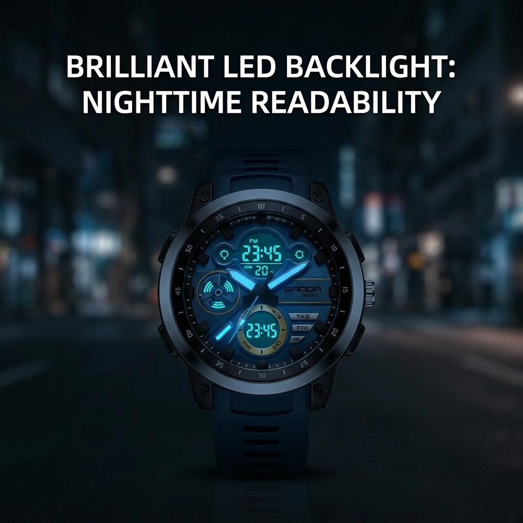SANDAMen’s LED Sports Watch – Dual Display Quartz Watch with 5BAR Water Resistance