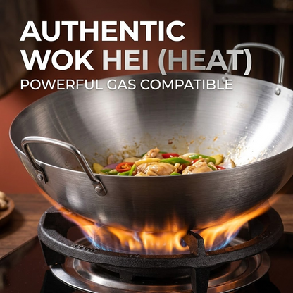 Stainless Steel Wok – Deep Round-Bottom Traditional Cooking Pot with Double Handles
