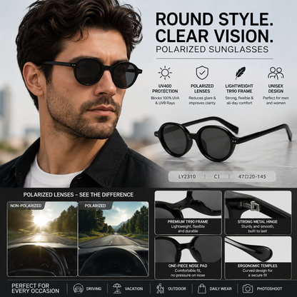 Polarized Round Sunglasses – UV400 Unisex Large Frame Glasses for Driving & Outdoor Style