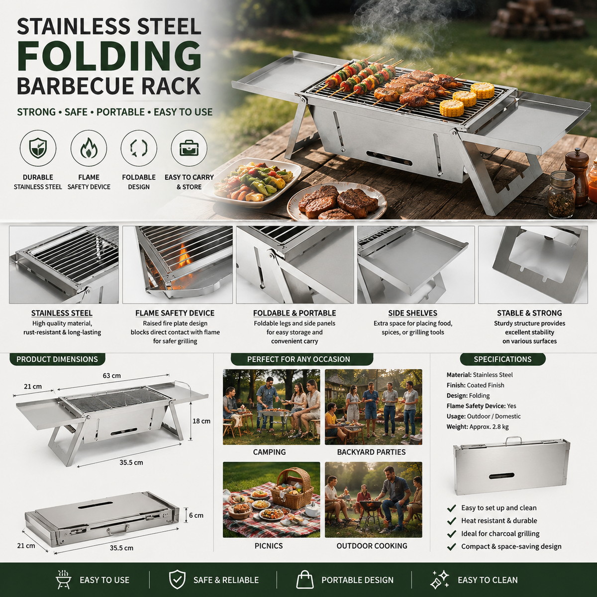 Portable Stainless Steel Grill Rack – Folding Outdoor Barbecue Grill with Flame Safety Design