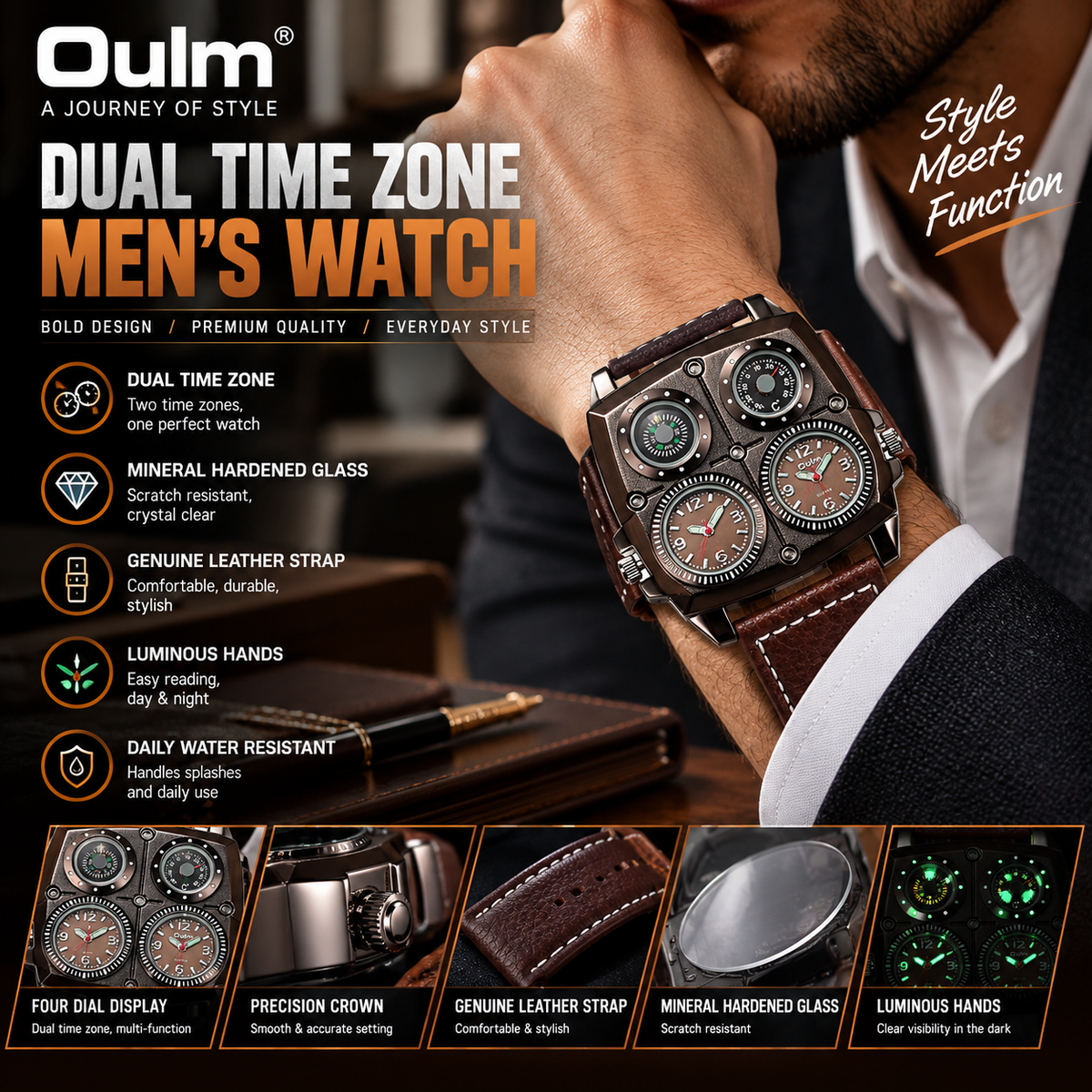 OULM 1140 Men’s Dual Time Watch – Square Dial Leather Strap Luminous Wristwatch