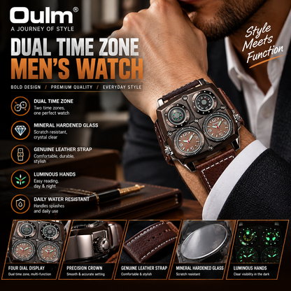 OULM 1140 Men’s Dual Time Watch – Square Dial Leather Strap Luminous Wristwatch