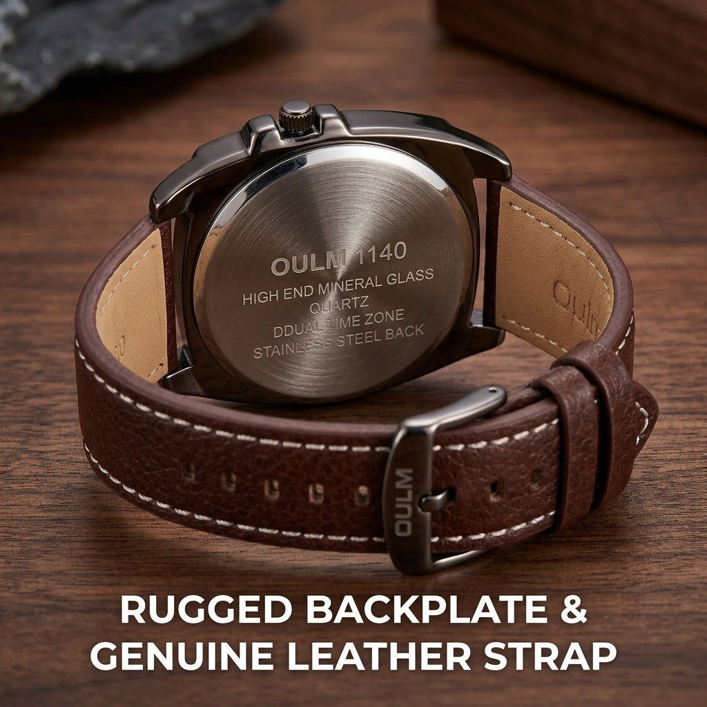 OULM 1140 Men’s Dual Time Watch – Square Dial Leather Strap Luminous Wristwatch