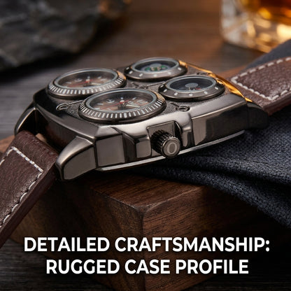 OULM 1140 Men’s Dual Time Watch – Square Dial Leather Strap Luminous Wristwatch