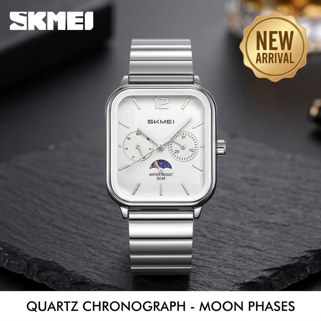 Men’s Moon Phase Quartz Watch – 6-Hand Fashion Wristwatch with 3BAR Water Resistance