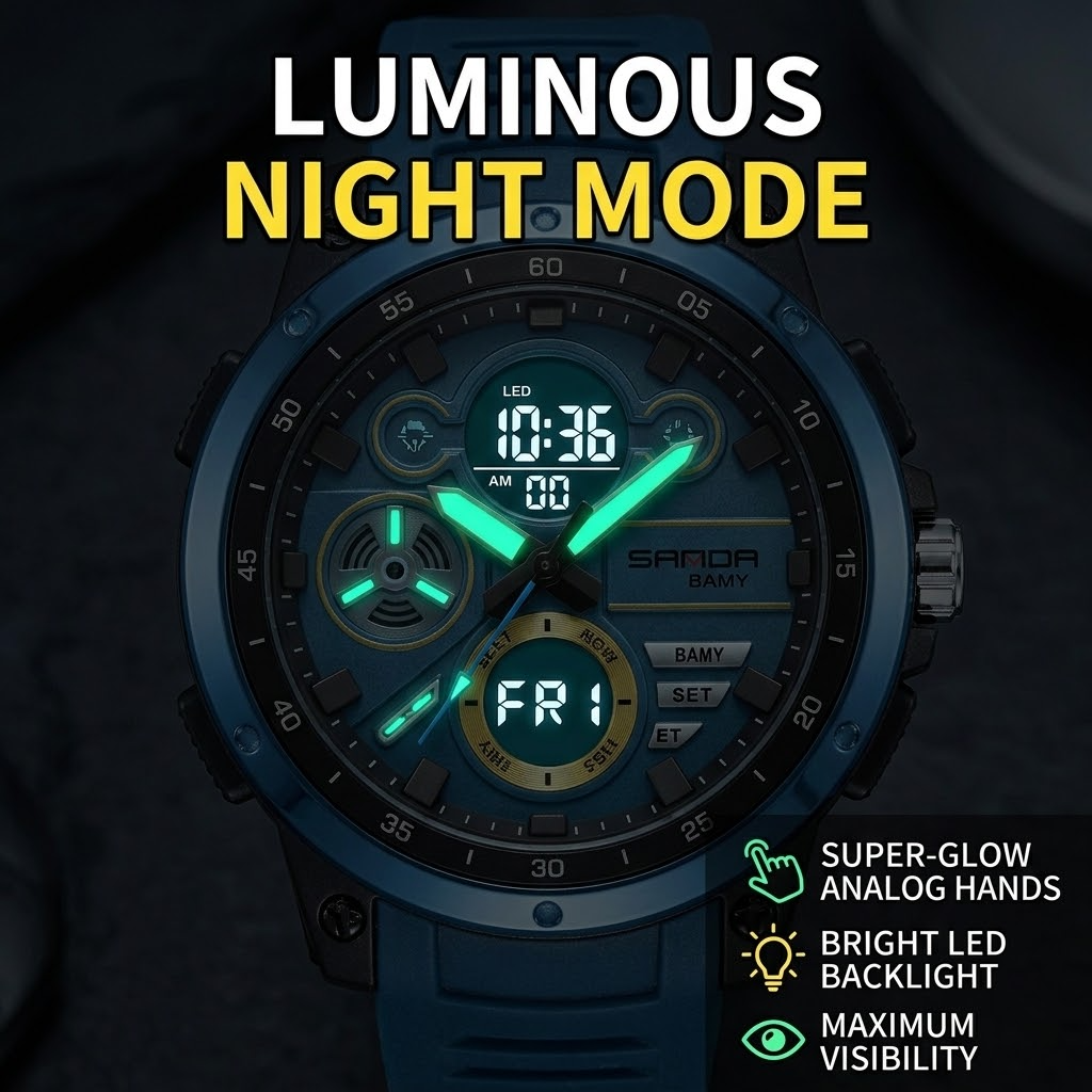 SANDAMen’s LED Sports Watch – Dual Display Quartz Watch with 5BAR Water Resistance