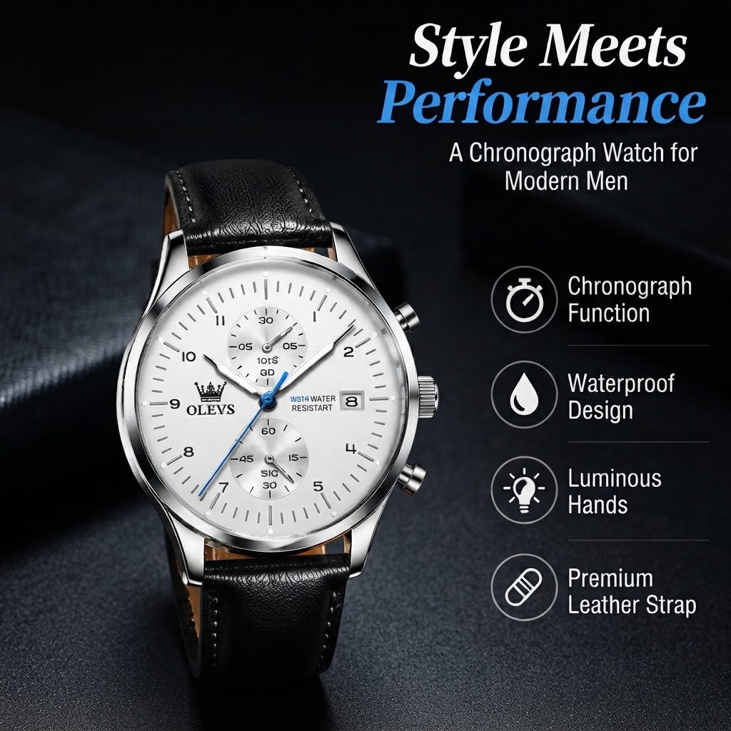 Men’s Chronograph Quartz Watch – Waterproof Design with Luminous Hands