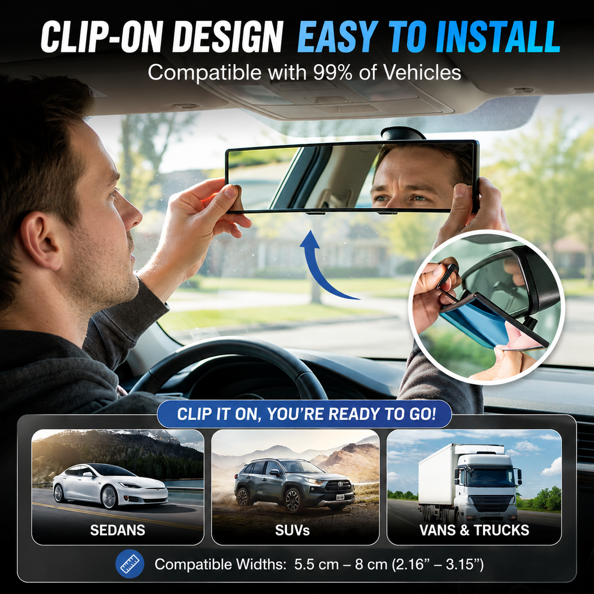 Universal Anti-Glare Convex Rearview Mirror – Wide-Angle Blue Interior Car Auxiliary Mirror