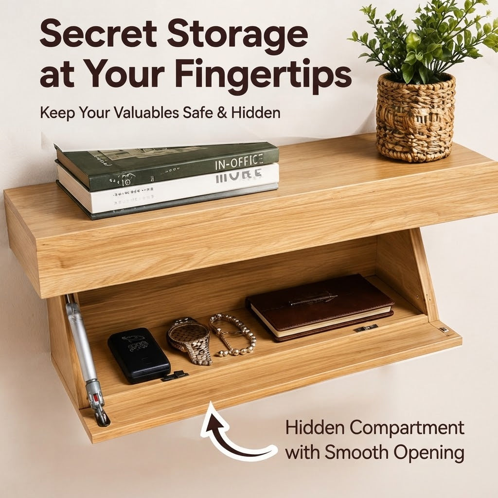 Modern Wooden Floating Wall Shelf – Hidden Storage Rack with Secret Compartment