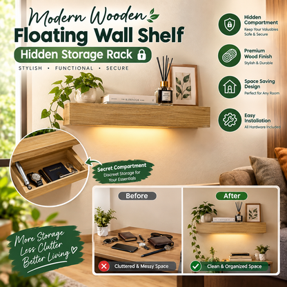 Modern Wooden Floating Wall Shelf – Hidden Storage Rack with Secret Compartment