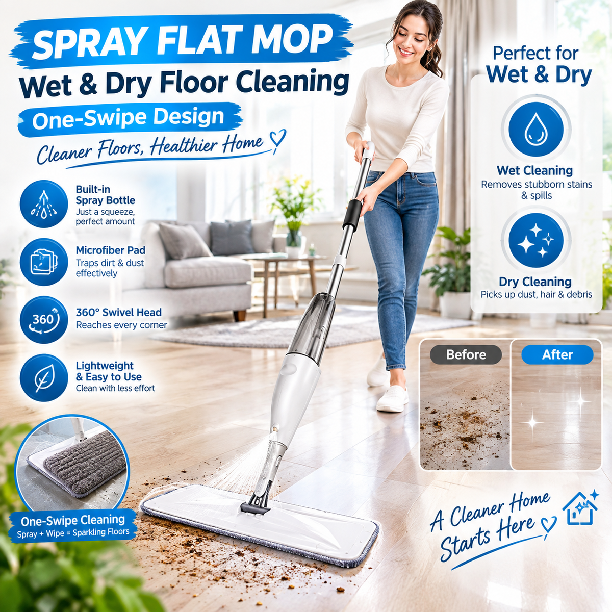 Spray Flat Mop Wet & Dry Floor Cleaning with One-Swipe Design