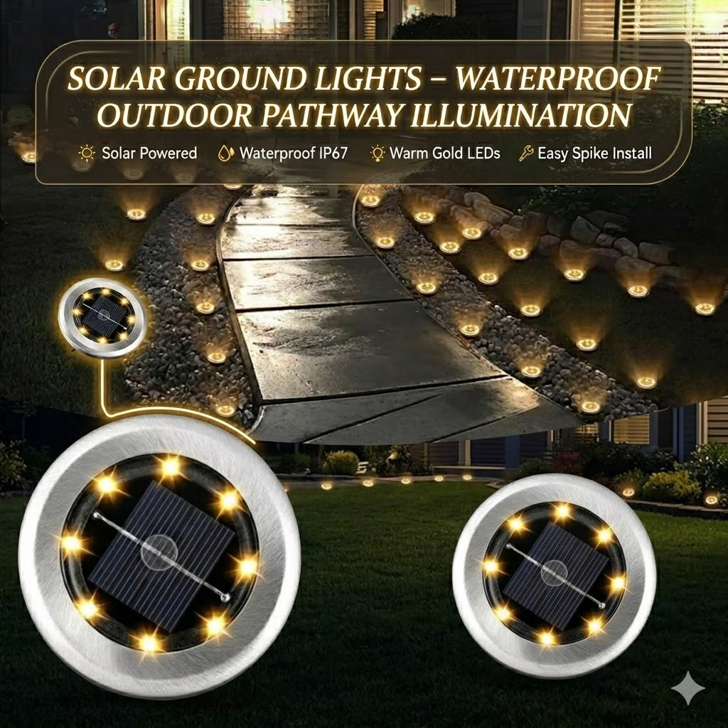 Solar ground lights illuminating a pathway at night