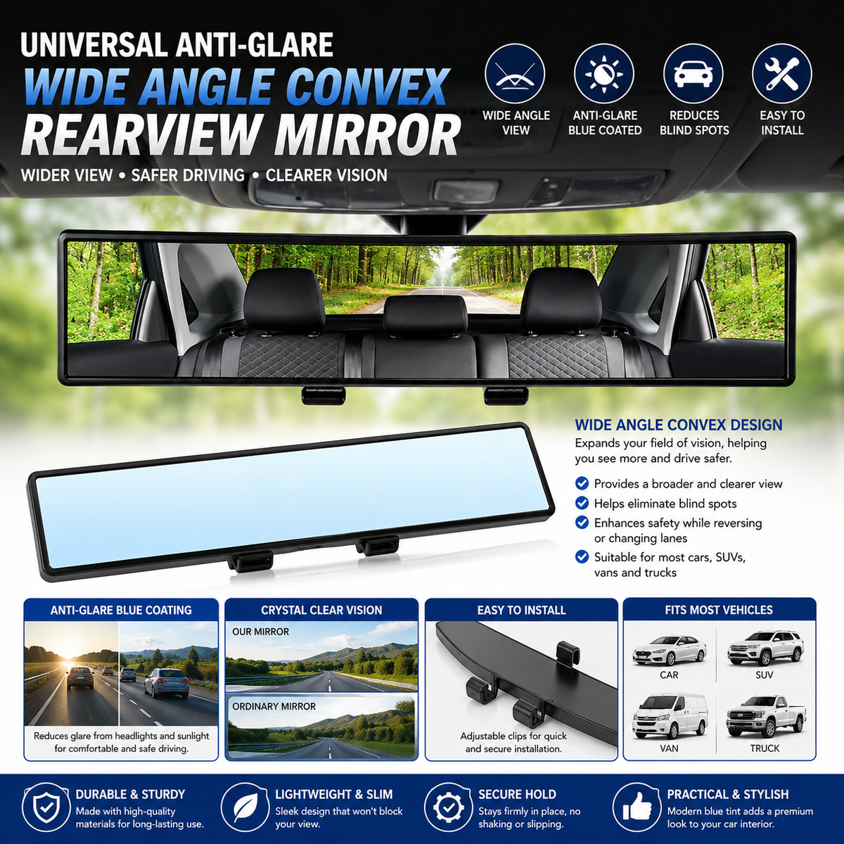 Universal Anti-Glare Convex Rearview Mirror – Wide-Angle Blue Interior Car Auxiliary Mirror