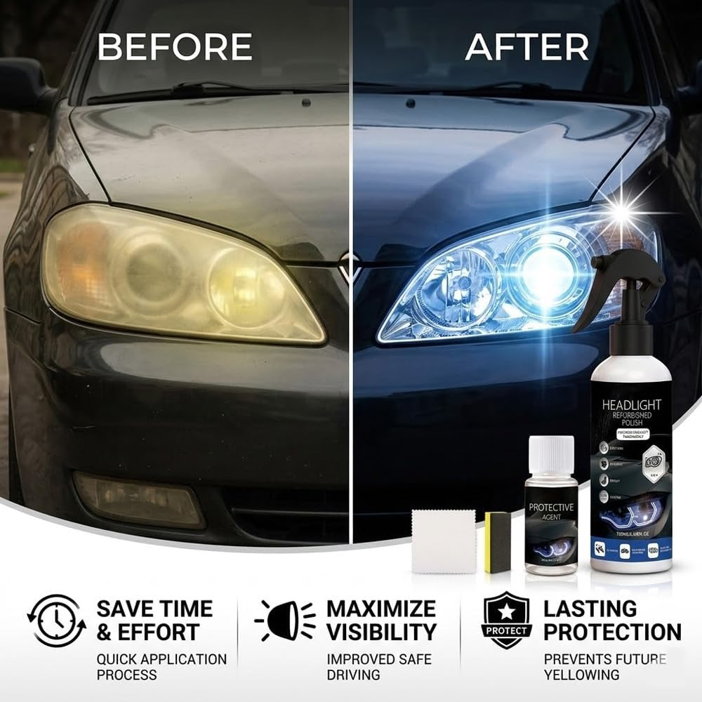 Car Headlight Restoration Kit – Cleaning, Brightening & Renovation Care for Cloudy Lenses