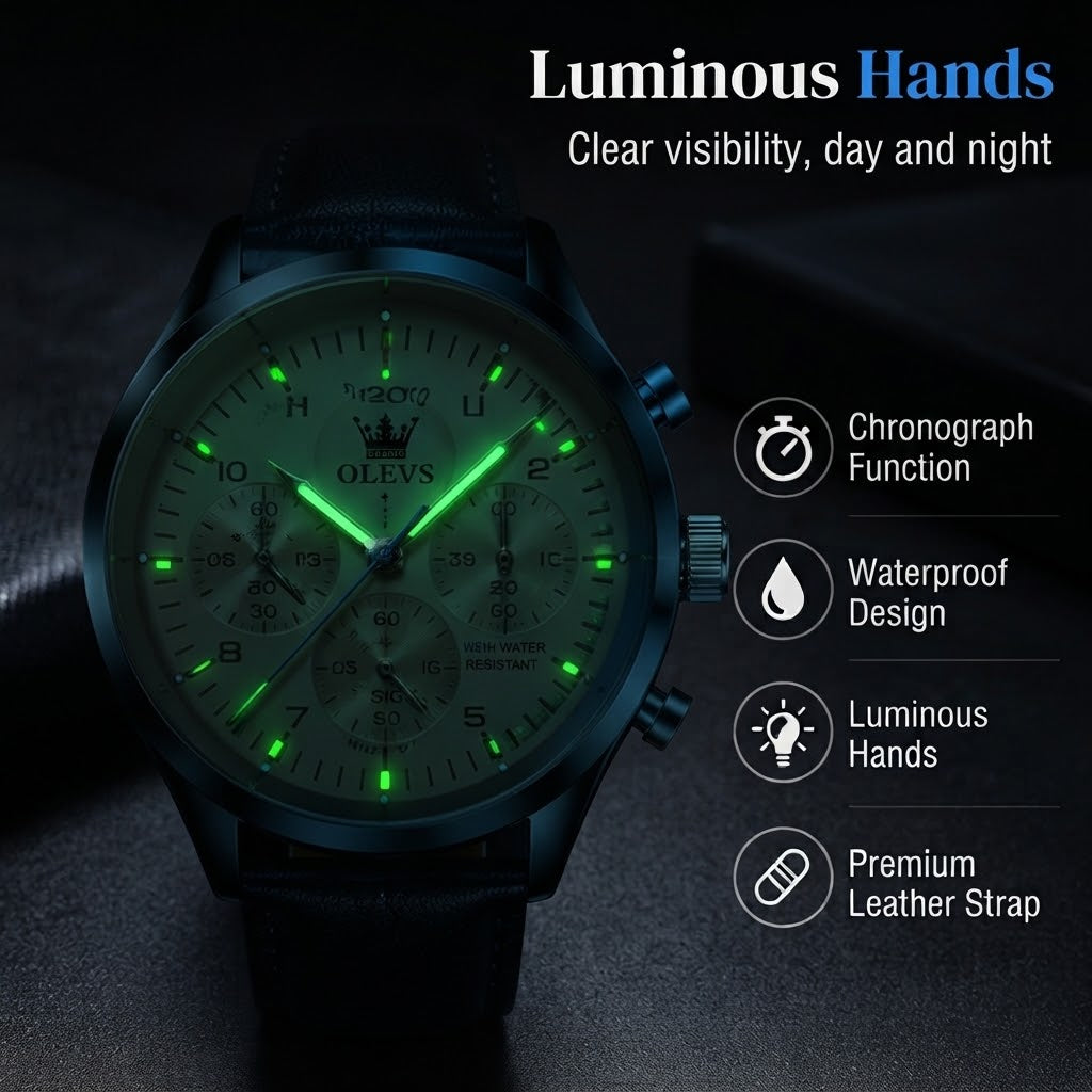 Men’s Chronograph Quartz Watch – Waterproof Design with Luminous Hands