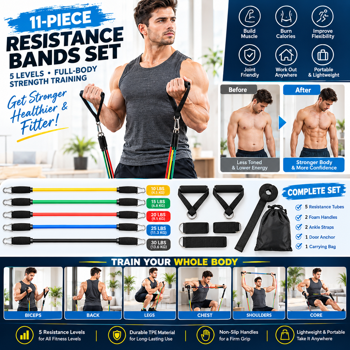 11-Piece Resistance Bands Set 5-Level TPE Tube Bands
