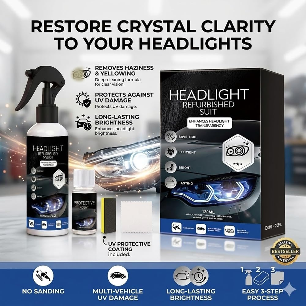 Car Headlight Restoration Kit – Cleaning, Brightening & Renovation Care for Cloudy Lenses