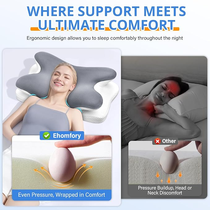 Memory Foam Cervical Pillow – Breathable Butterfly Contoured Pillow with Slow-Rebound Neck Support