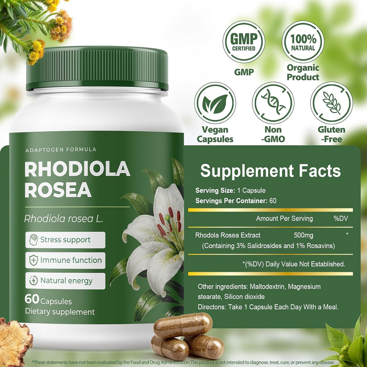 Rhodiola Rosea Capsules Adaptogenic Herbal Supplement