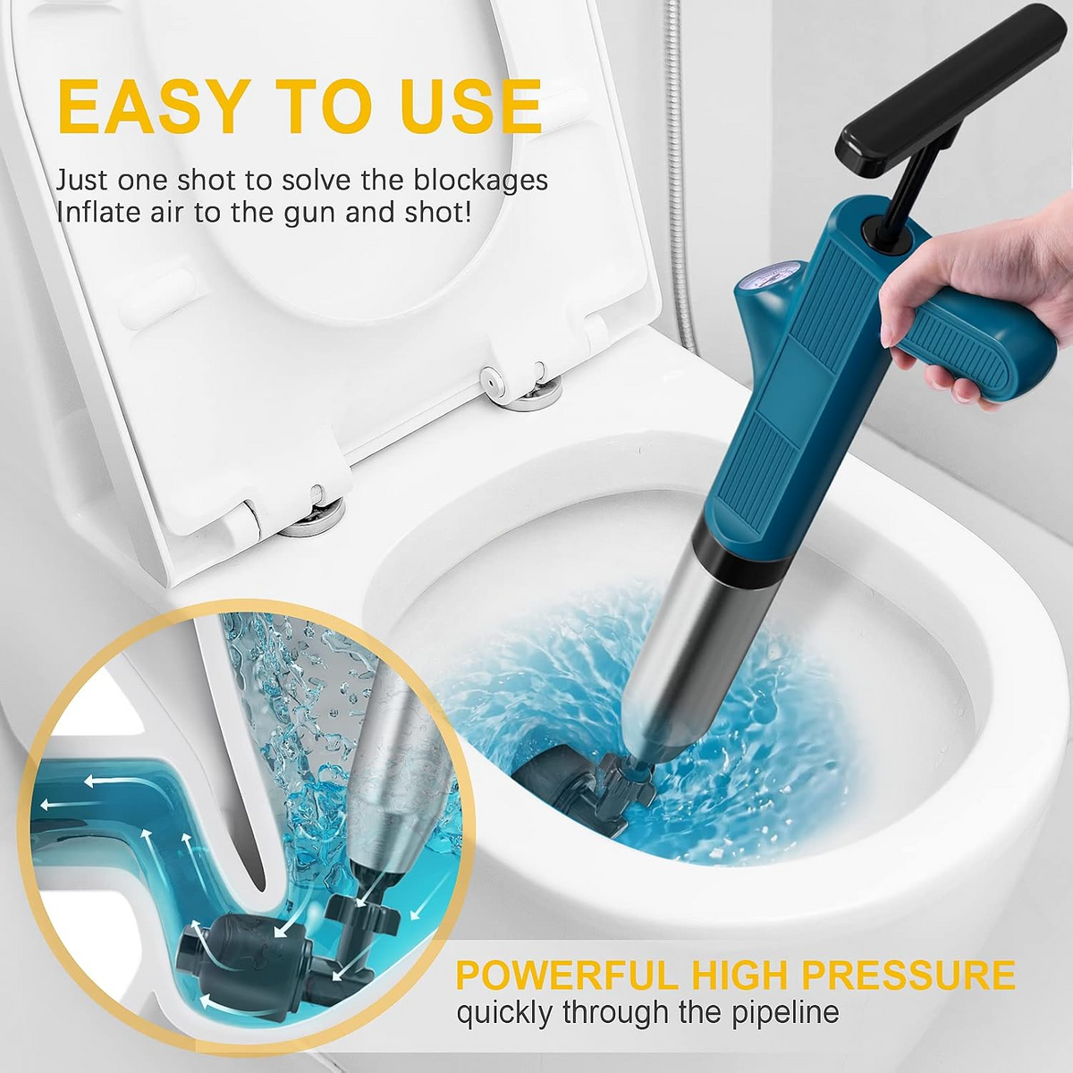 High-Pressure Drain Blaster Set Stainless Steel Toilet Plunger & Pipe Unblocker