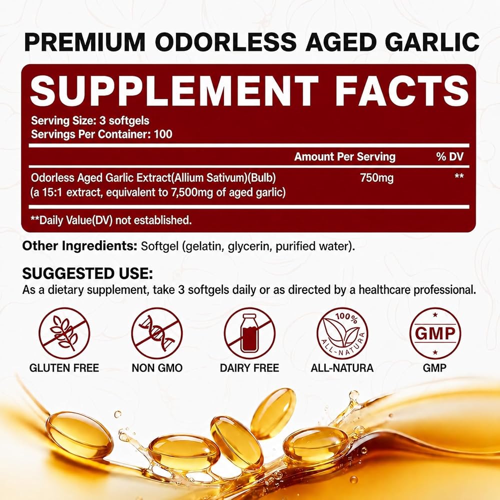 Aged Garlic Extract Softgels – 7500mg Odorless Formula with 300 Softgel Supply
