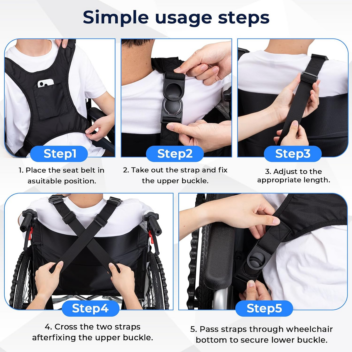 Adult Wheelchair Adjustable Harness Seat Belt for Secure Support
