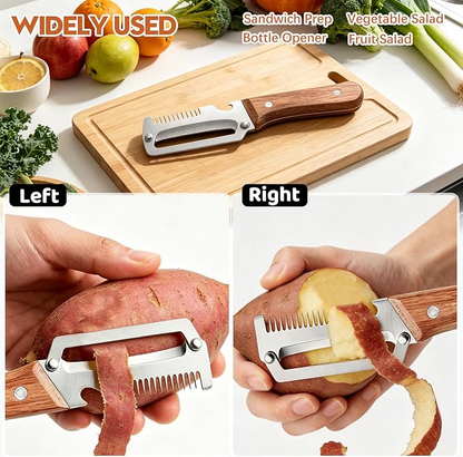 Kitchen Peeler – Wooden Handle Vegetable & Fruit Peeler with Bottle Opener & Scallion Cutter