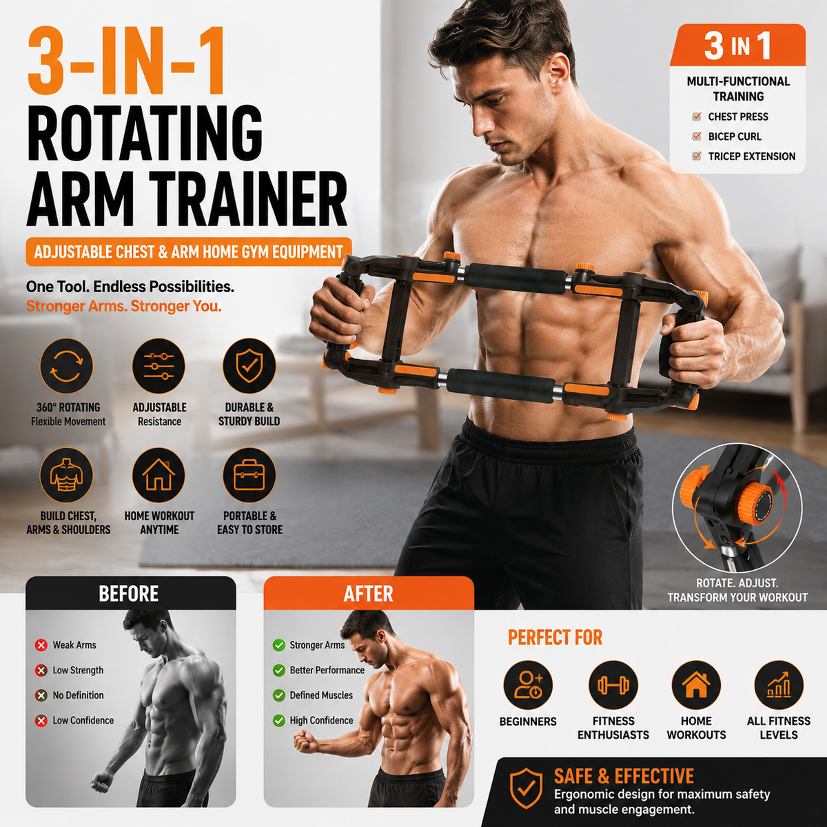 3-in-1 Rotating Arm Trainer Chest & Arm Home Gym Equipment