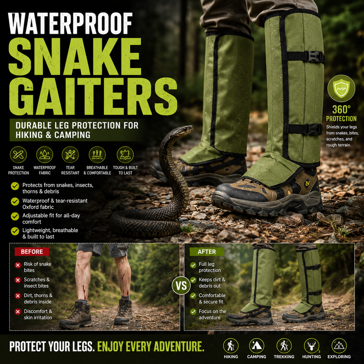 Waterproof Snake Gaiters Leg Protection for Hiking & Camping