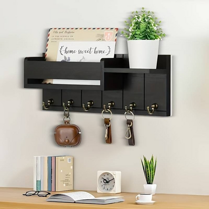 Wooden Key Rack & Mail Organizer Wall-Mounted Key Holder with 6 Hooks