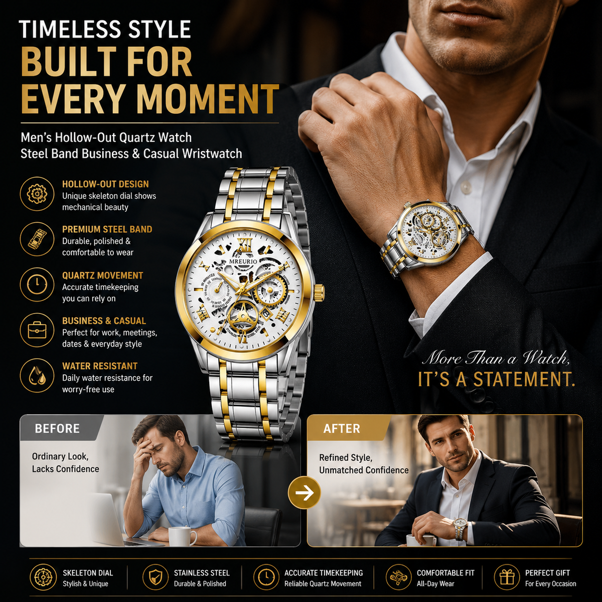 Men's Hollow-Out Steel Band Business & Casual Wristwatch