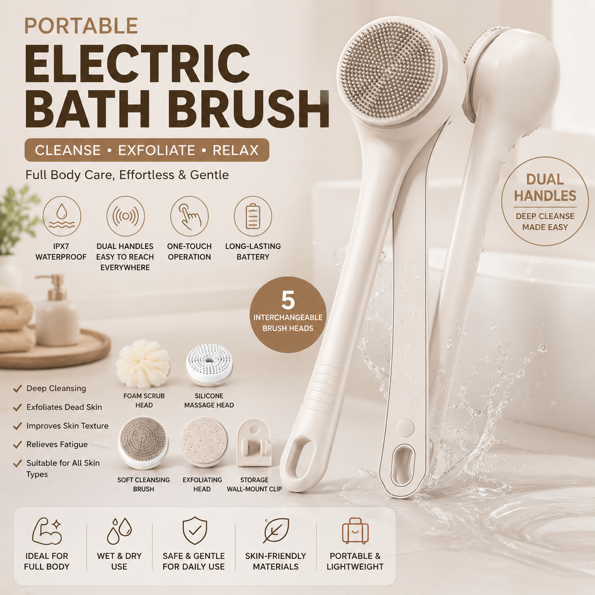 Portable Electric Bath Brush – Waterproof Automatic Body Scrubber & Exfoliating Back Massager