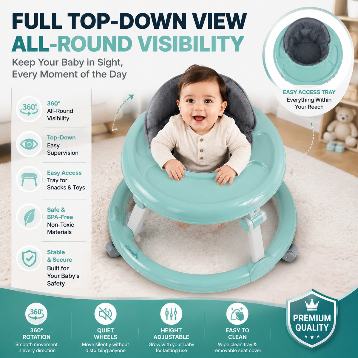 360° Rotating Baby Walker – Adjustable Infant Walker with Comfortable Seat