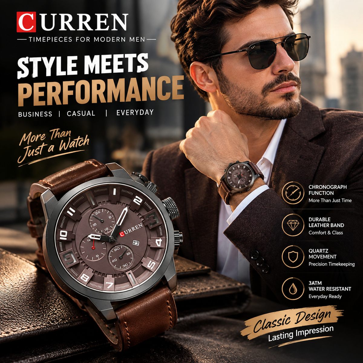 Men’s Watch – Business Fashion Leather Band Chronograph Quartz Wristwatch