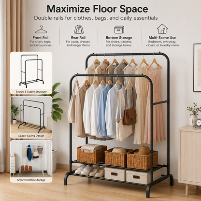 Double-Barrel Metal Clothes Drying Rack – Multi-Functional Balcony & Bedroom Hanger