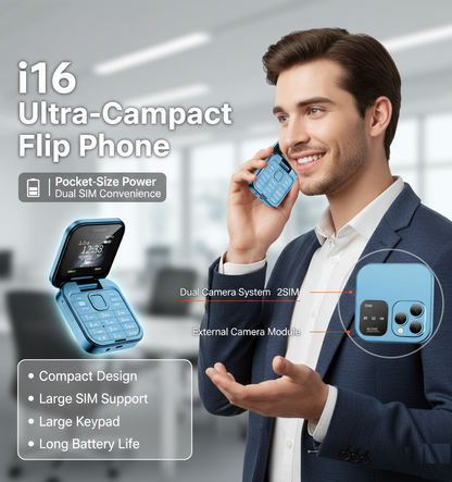 i16 Ultra-Compact Flip Phone — Blue.