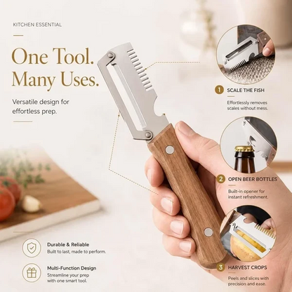 Kitchen Peeler – Wooden Handle Vegetable & Fruit Peeler with Bottle Opener & Scallion Cutter