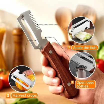 Kitchen Peeler – Wooden Handle Vegetable & Fruit Peeler with Bottle Opener & Scallion Cutter