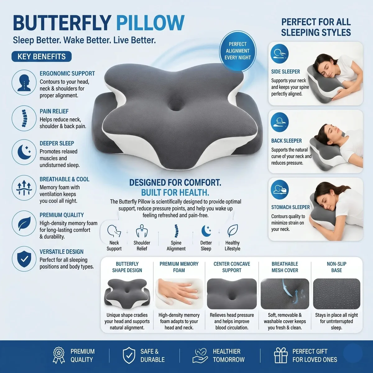 Memory Foam Cervical Pillow – Breathable Butterfly Contoured Pillow with Slow-Rebound Neck Support