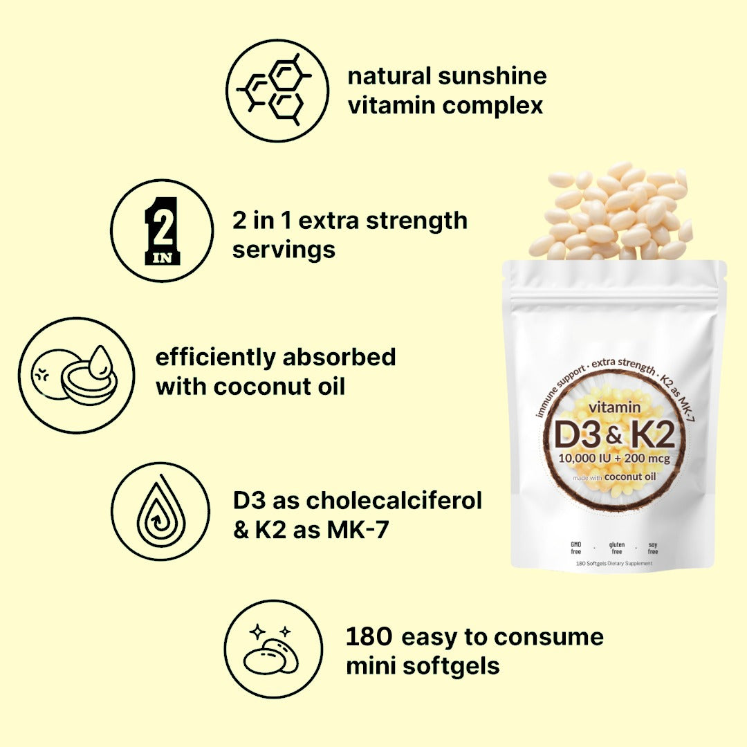 Vegan Vitamin D3 + K2 Softgel Capsules – 5000 IU Daily Support