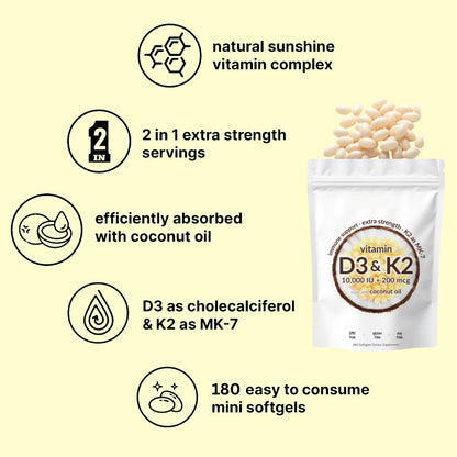 Vegan Vitamin D3 + K2 Softgel Capsules – 5000 IU Daily Support